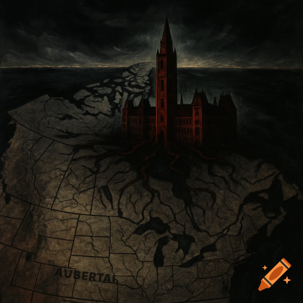 An oversized, dark red Canadian Parliament building with roots spreading over a dark, stylized political map of Canada under a stormy sky.