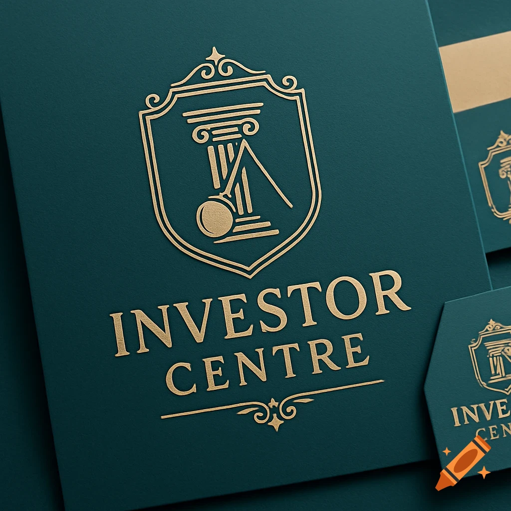 Gold embossed 'INVESTOR CENTRE' text and logo with a column and balance scale on a dark teal branding card.