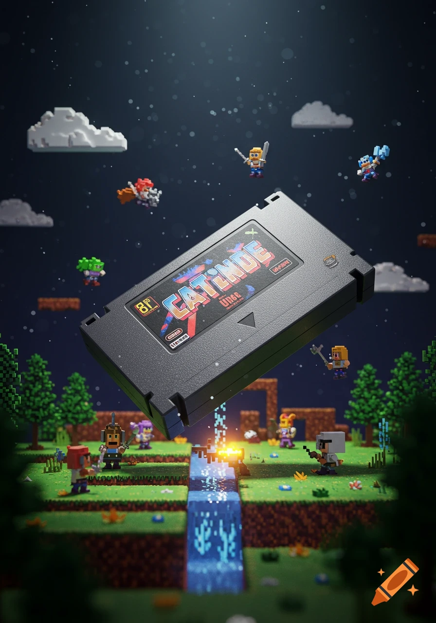 A black video game cartridge labeled "CATITUDE" floats above a pixel art landscape with small characters and a river, under a starry sky.