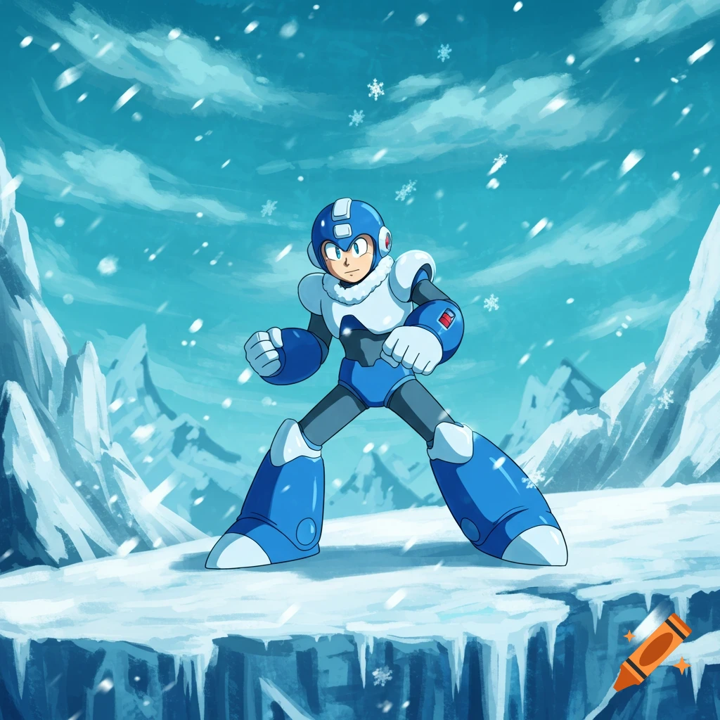 Mega Man in an ice-themed suit stands on a snowy cliff with icy mountains and falling snowflakes.