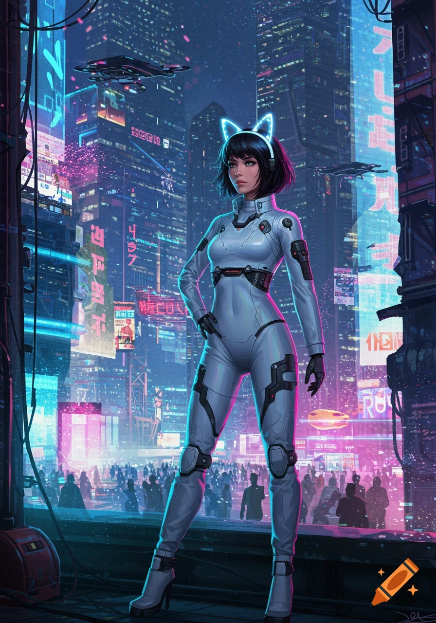 A stylized cyberpunk girl with cat ear headphones and a white futuristic suit stands in a neon-lit futuristic city.