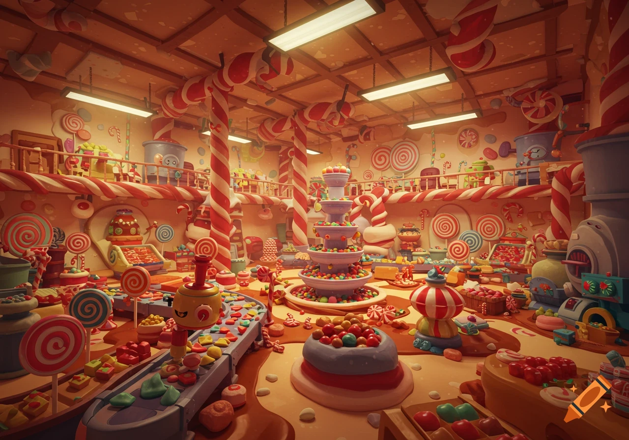 A colorful, stylized 3D cartoon candy factory filled with sweets, lollipops, and candy-making machines, in a vibrant, playful style.