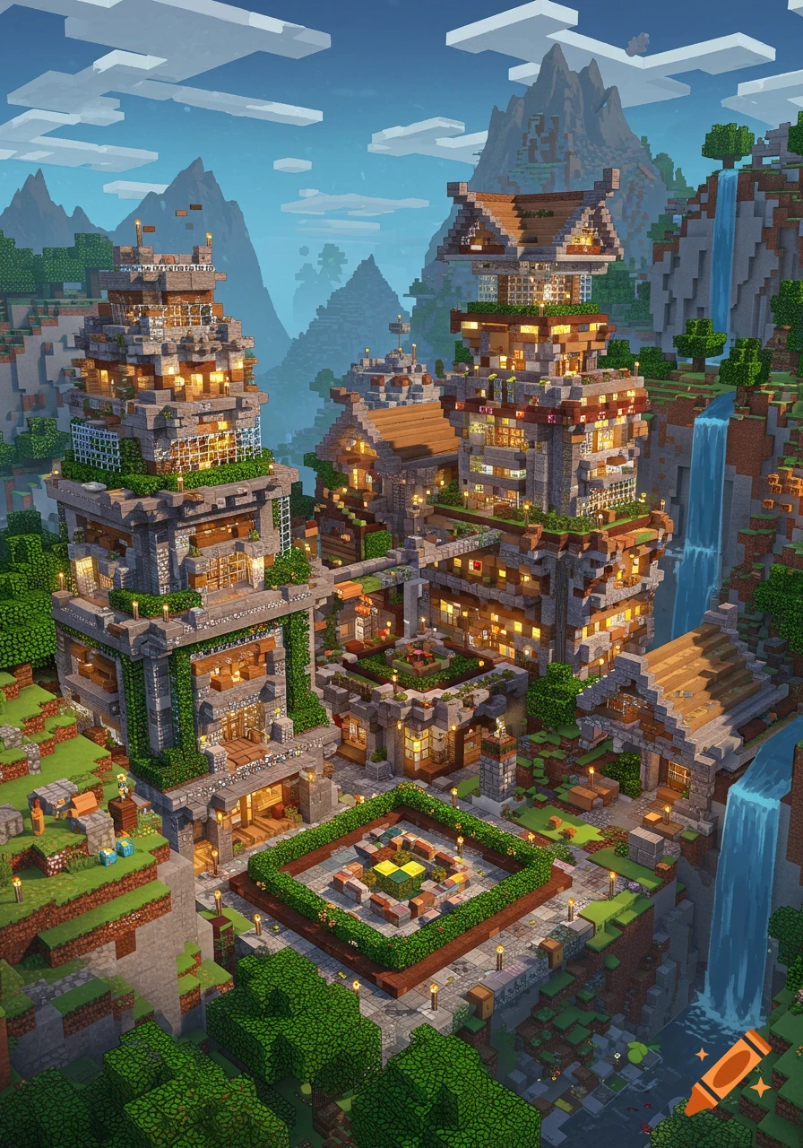 Overhead view of an illuminated, sprawling Minecraft-style village with tall blocky buildings, waterfalls, and mountains.