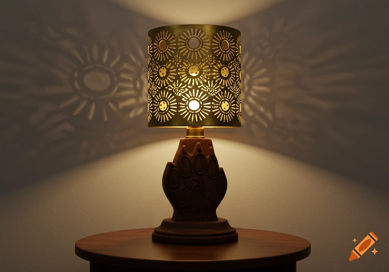 A decorative lamp with a stylized tiger paw wooden base and brass sunburst lampshade, casting intricate wall shadows.