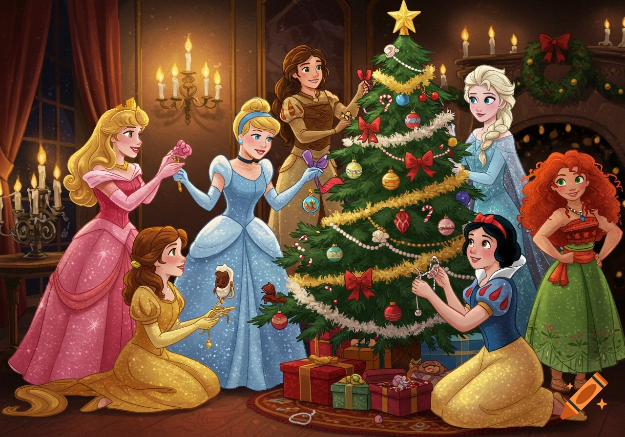 Several cartoon princesses in festive gowns decorate a large Christmas tree in a warm, candlelit room.