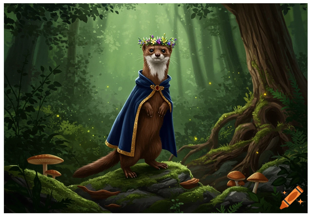 A cute weasel wearing a blue cloak and a flower crown stands in a mystical forest with glowing fireflies.