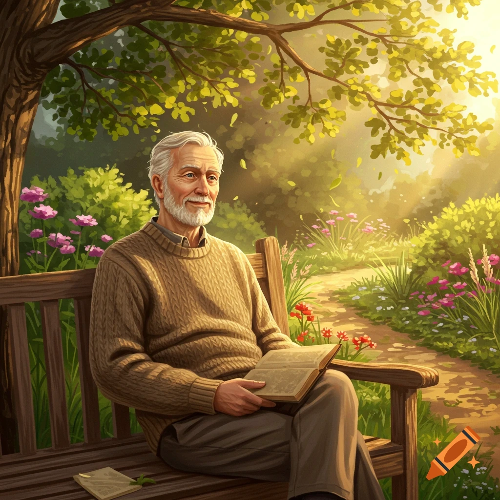 A white-bearded elderly man in a brown sweater sits on a park bench, reading a book under a sunlit tree. Illustration.