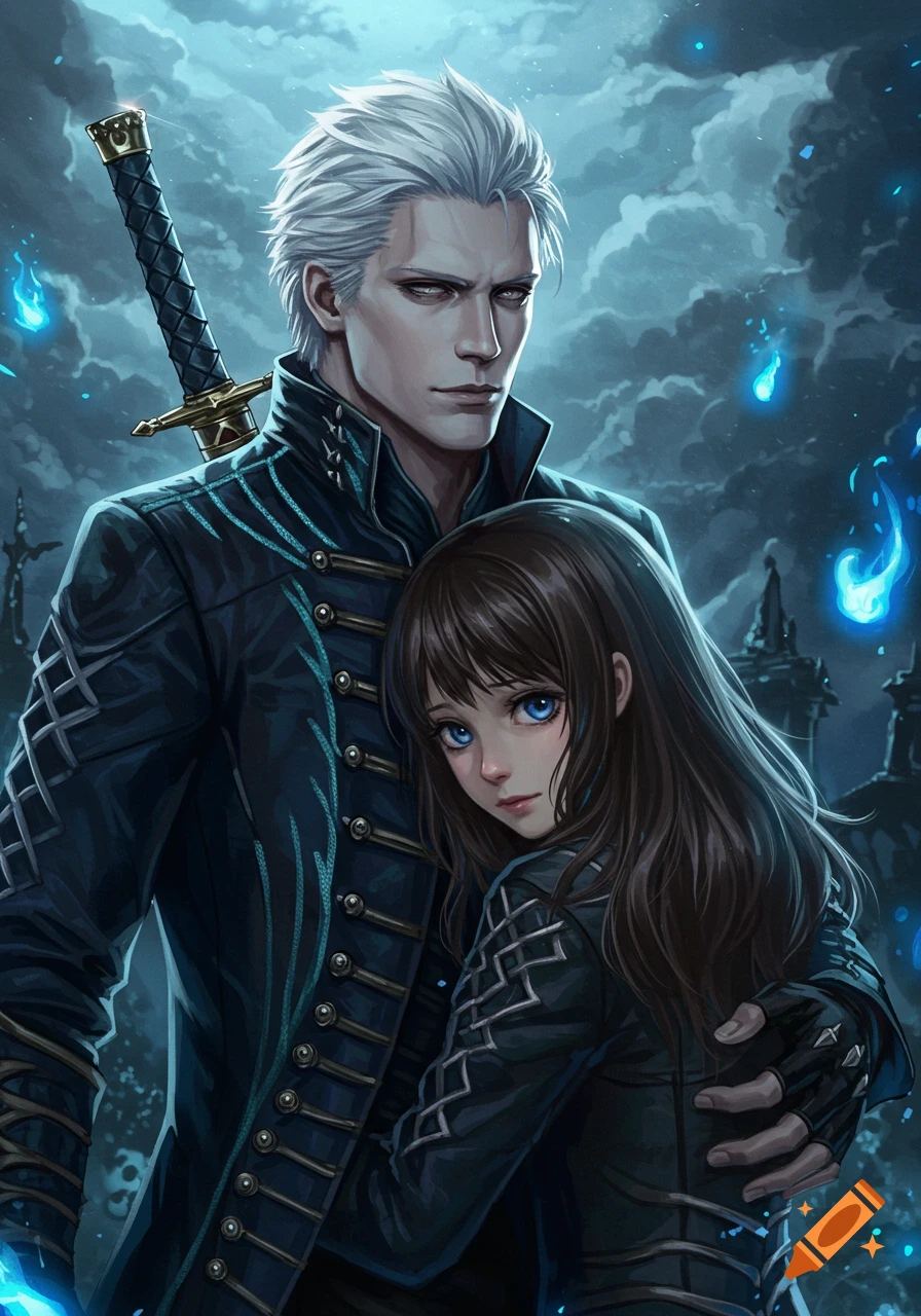 Vergil, a white-haired man, holds a dark-haired girl with blue eyes in a stormy, fantasy setting with blue flames, anime style.
