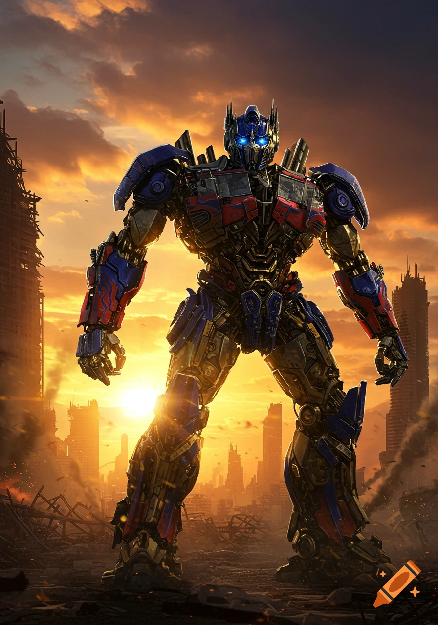 Optimus Prime stands in a destroyed cityscape at sunset, orange sky, photorealistic.