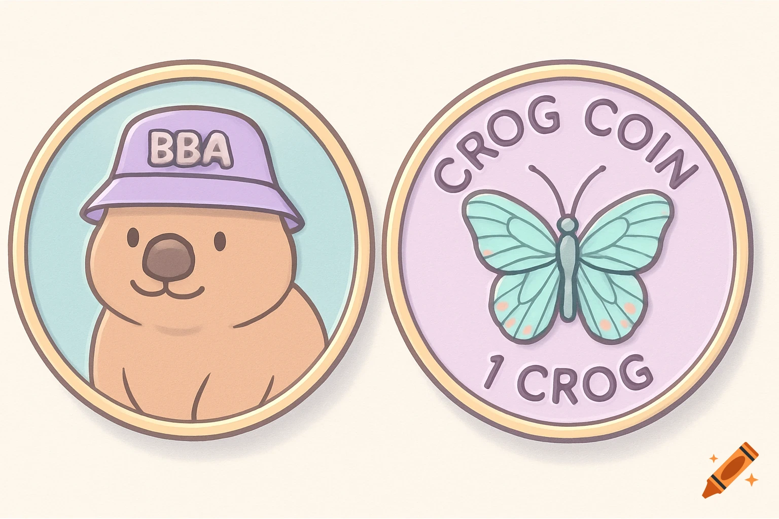 Two pastel cartoon coins. One features a wombat in a BBA bucket hat, the other has a butterfly with text 'CROG COIN 1 CROG'.