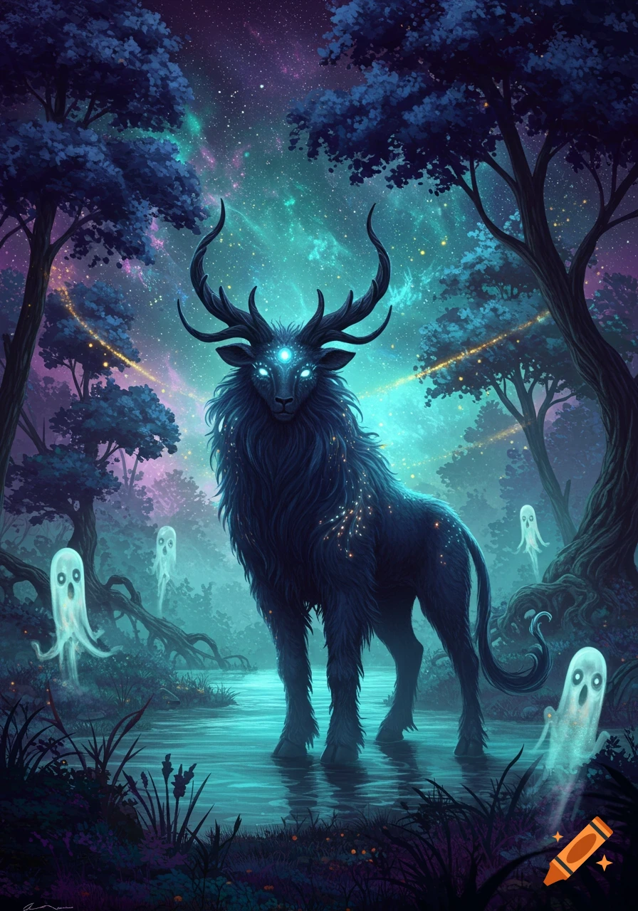 A majestic dark stag-like creature with glowing eyes and antlers stands in a mystical, bioluminescent forest under a cosmic, starry night sky, with glowing ghost-like figures hovering around.
