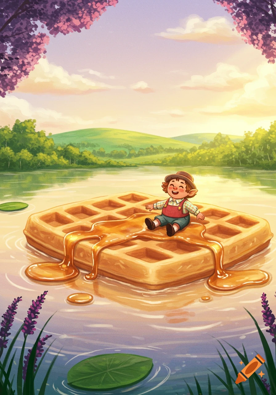 A cheerful cartoon character with a hat sits on a syrup-covered waffle floating on a tranquil lake with flowering trees and hills.