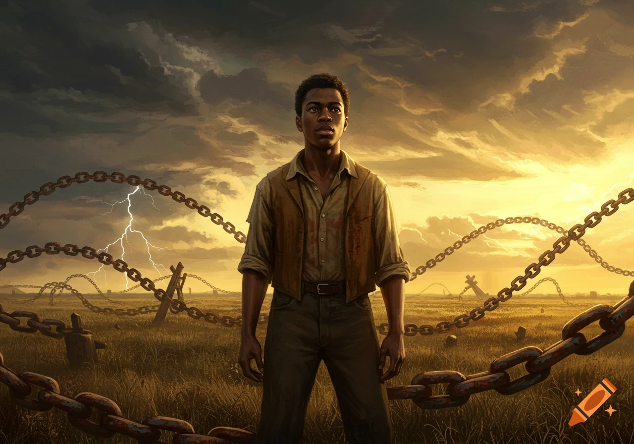 Illustrative portrait of a young Black man standing in a field with chains, dramatic stormy sky with lightning, conveying hope.