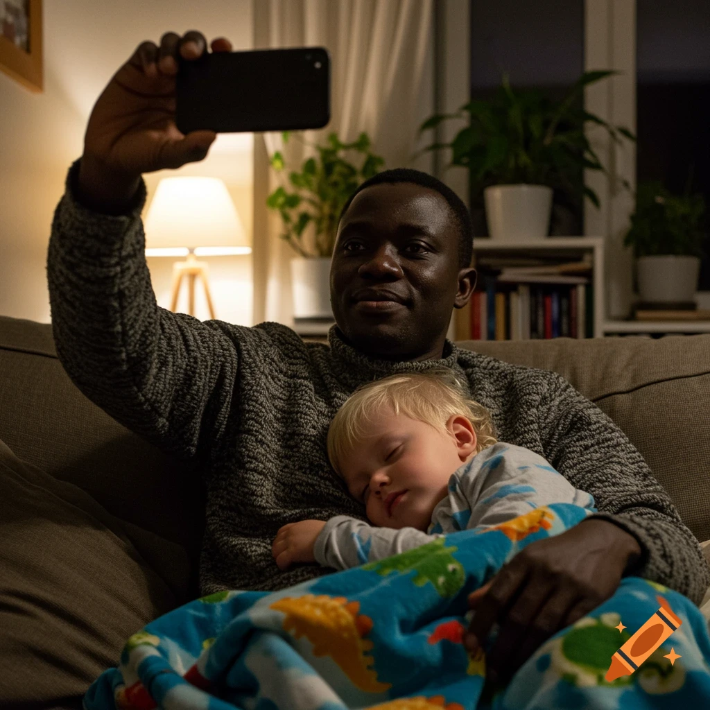 A Black man takes a selfie while a blond toddler sleeps on his chest under a dinosaur blanket, indoors at night.