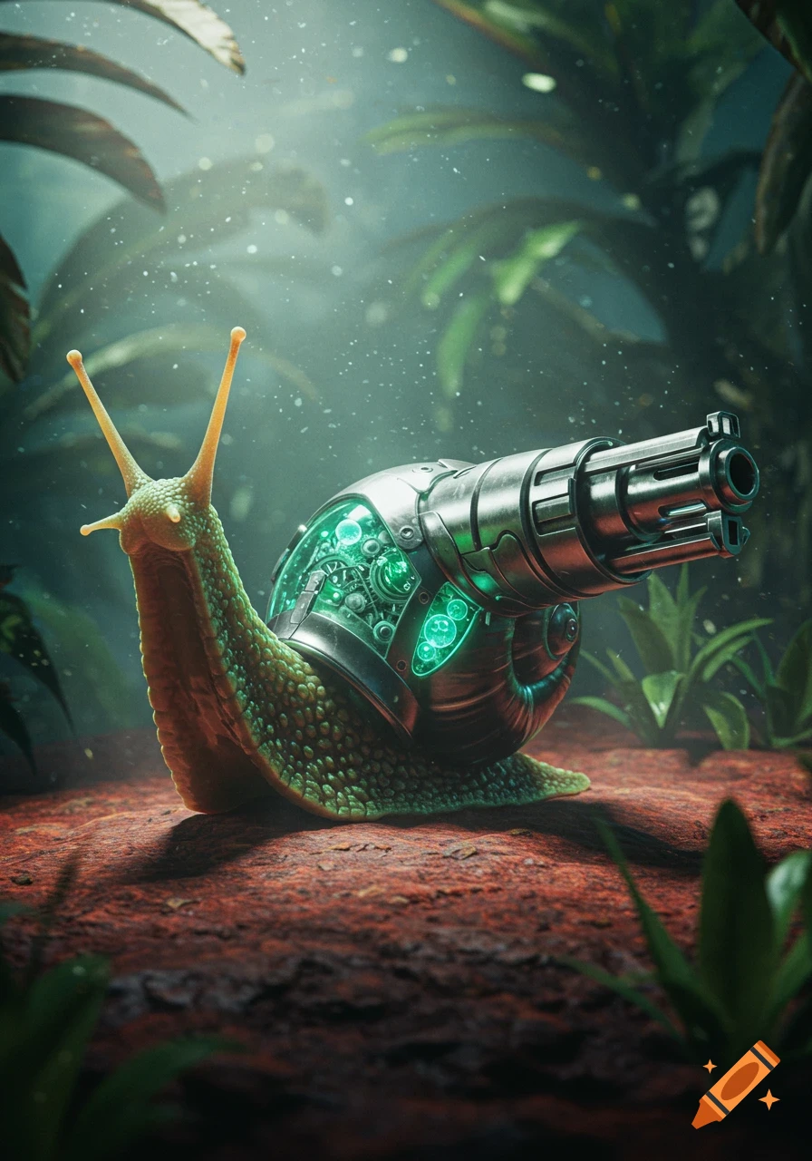Photorealistic image of a green snail with a large, glowing green mechanical gun on its shell in a misty jungle.