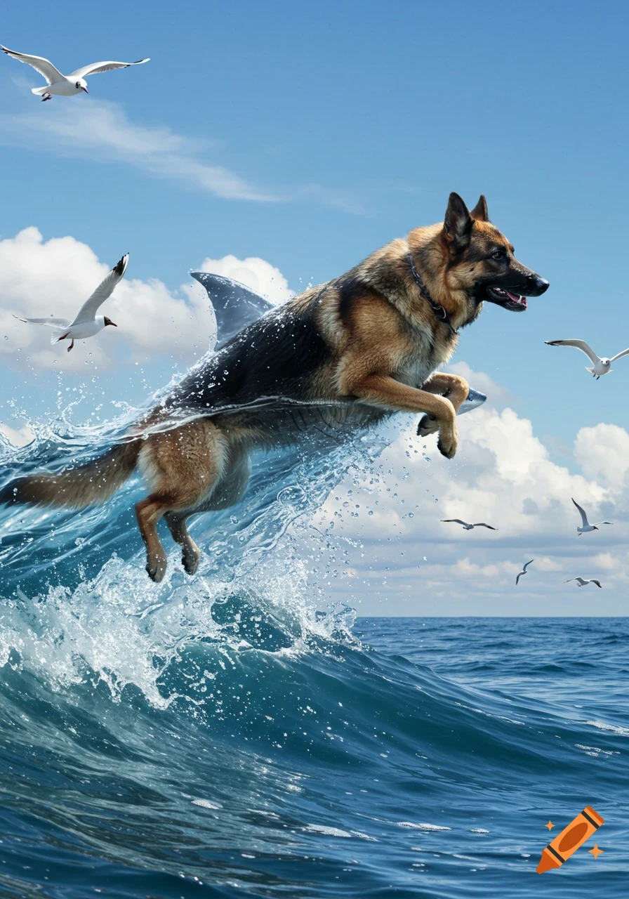 A photorealistic German shepherd with a shark fin leaps out of the ocean, surrounded by splashing water, with seagulls flying under a blue sky.