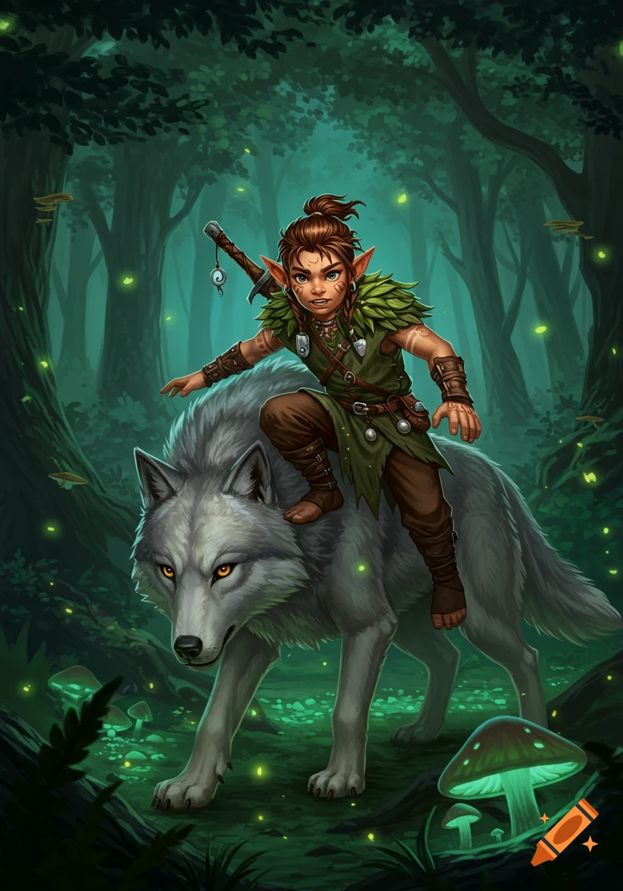 A young male elf-like druid with pointed ears rides a grey wolf in a magical, dark forest with glowing mushrooms and fireflies.