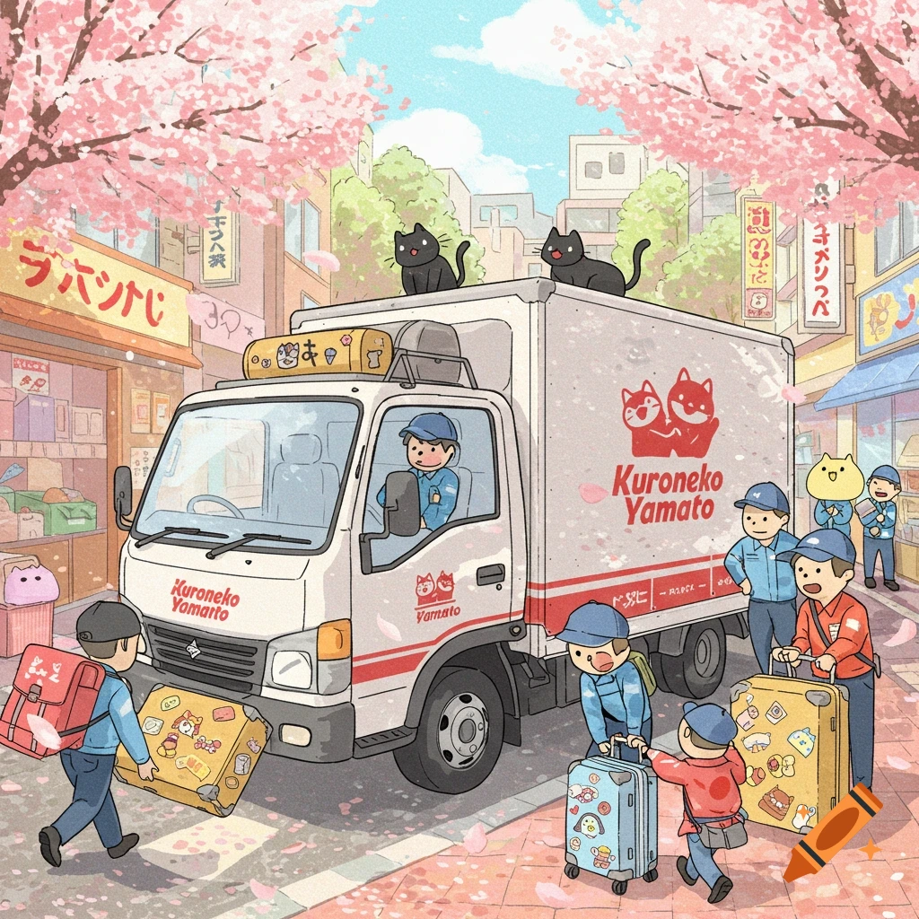 A cute cartoon illustration of a Kuroneko Yamato delivery truck with black cats on top, surrounded by workers and luggage under cherry blossoms in a Japanese street.