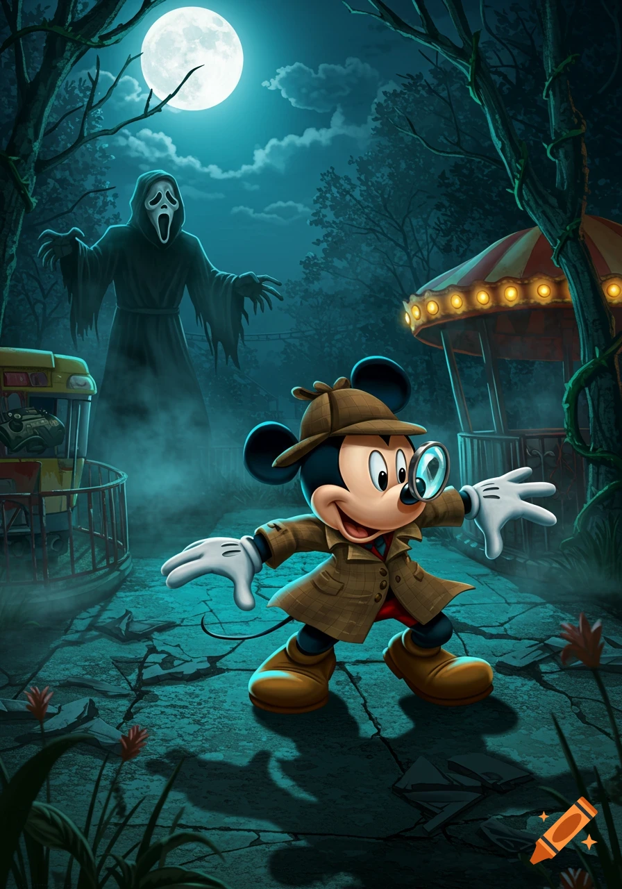 Detective Mickey Mouse with a magnifying glass faces Ghostface in a dark, spooky, moonlit forest scene.