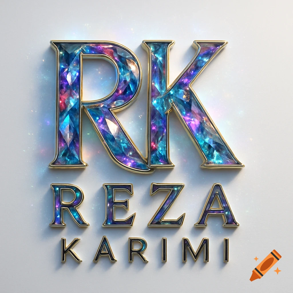 3D logo of initials 'RK' above 'REZA KARIMI' in faceted, colorful crystals with gold trim, on a glowing white background.
