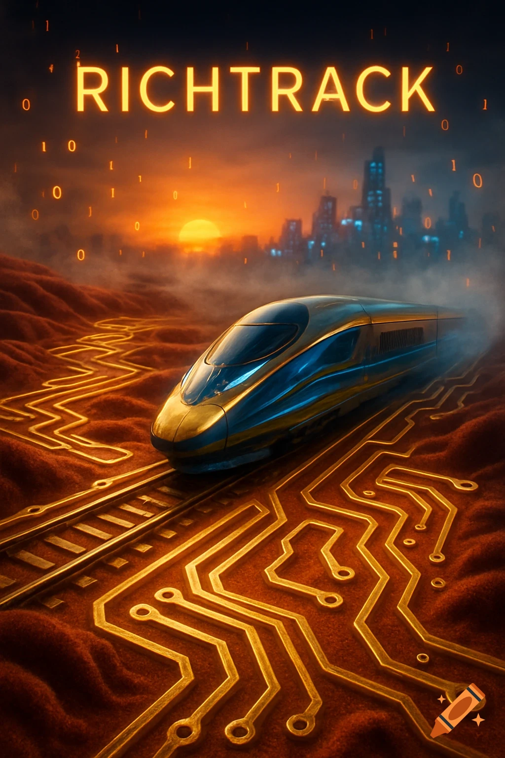 A futuristic blue and gold train on glowing circuit board tracks, moving towards a city skyline at sunset with binary code in the sky.