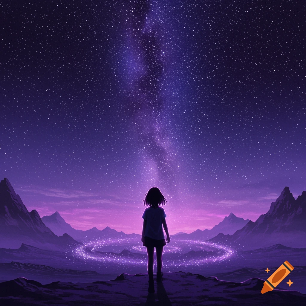 Anime girl with short dark hair stands on a purple alien landscape, gazing at a vibrant starry night sky with a glowing magical ring on the ground.