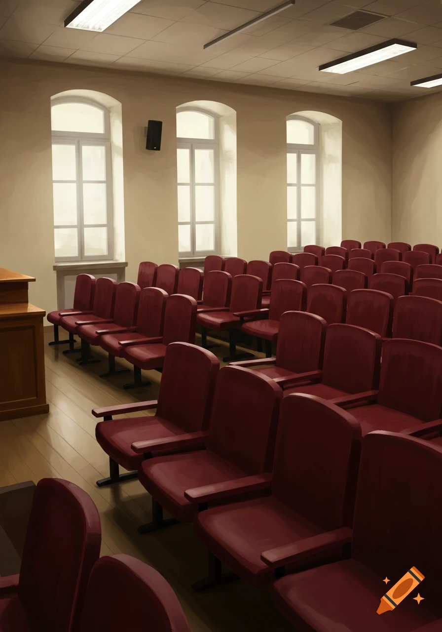 An empty lecture hall with rows of maroon chairs, a wooden podium on the left, and tall arched windows on the far wall.