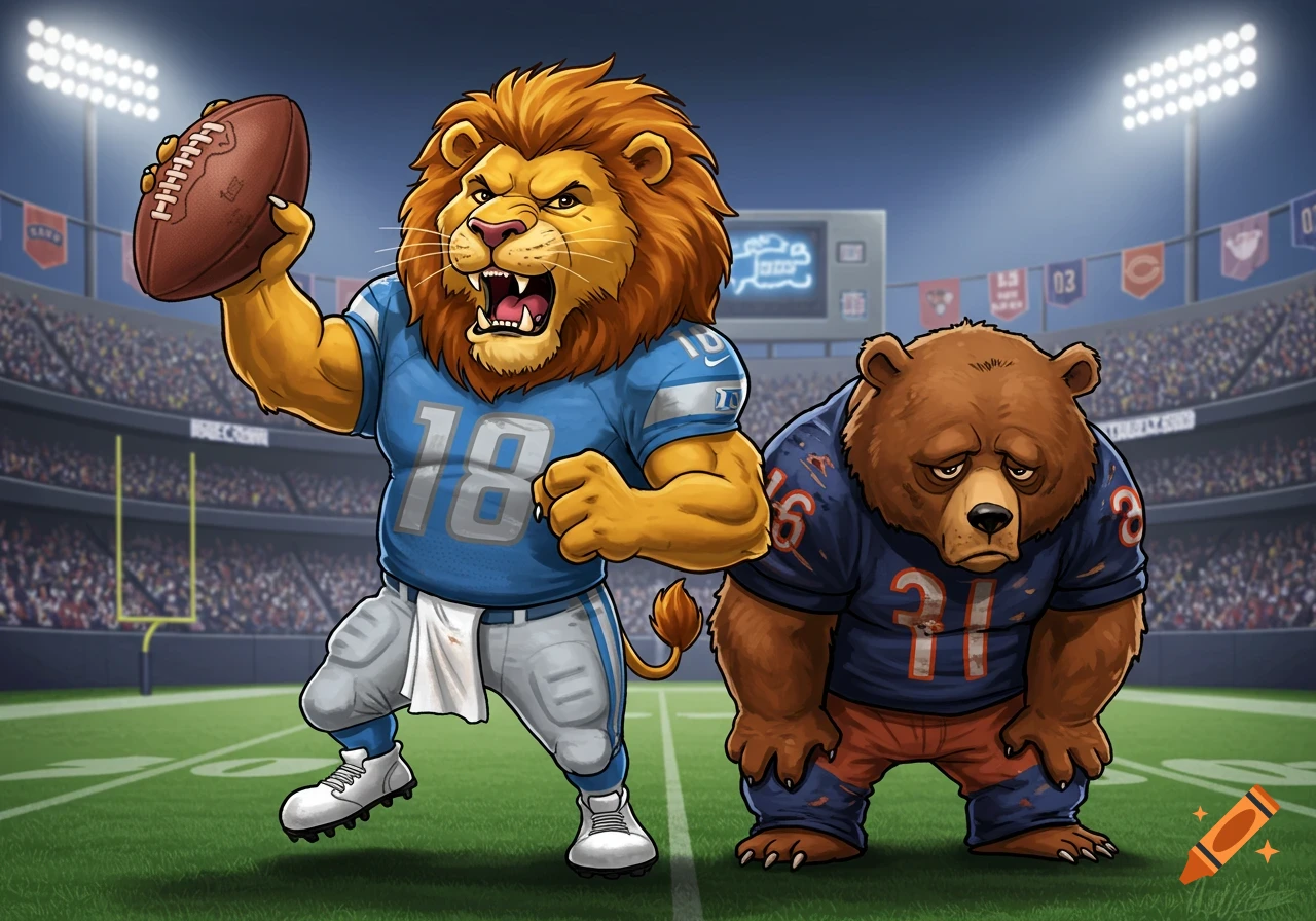 Cartoon lion in a blue Detroit Lions jersey holding a football, roaring triumphantly. A sad bear in a navy Chicago Bears jersey stands next to him on a football field in a stadium.