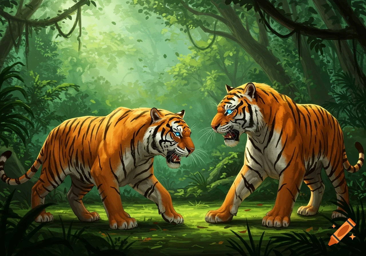 Two powerful tigers with glowing blue eyes face each other aggressively in a vibrant, lush jungle.