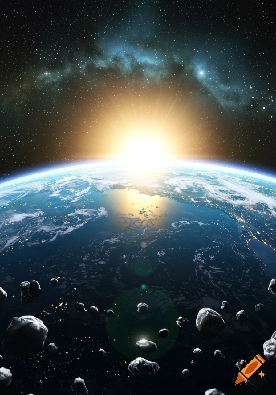 Photorealistic view of Earth from space with a bright sunrise over the horizon, surrounded by asteroids and a starry nebula.