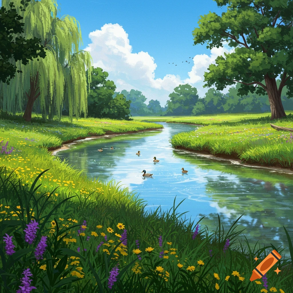 Bright, illustrative river scene with ducks on winding water, lush green banks with wildflowers, and trees under a blue sky.
