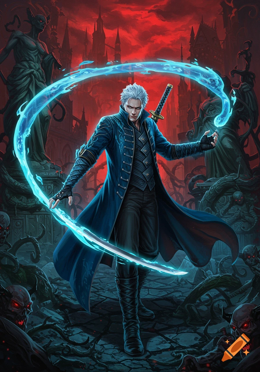 A white-haired man in a blue coat wields a glowing blue katana in a dark, demonic gothic landscape under a red sky.