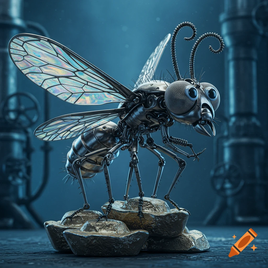 A detailed steampunk-style mechanical insect with googly eyes, iridescent wings, and metal ingot feet, on a dark industrial background.