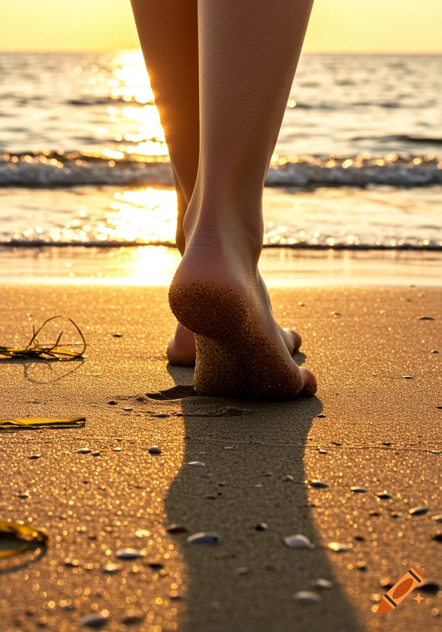 Close-up of bare feet walking on a sandy beach at sunset, with shimmering ocean water in the background.