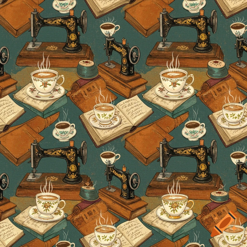 Seamless pattern with vintage sewing machines, steaming coffee cups, and open books on a dark teal background in an illustrated style.