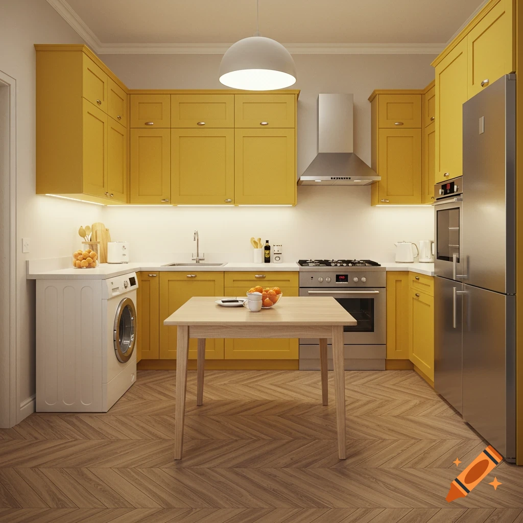A modern kitchen with mustard yellow cabinets, white countertops, stainless steel appliances, a washing machine, and a light brown dining table on a parquet floor.