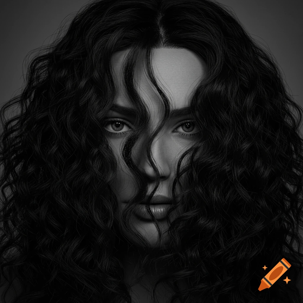 Close-up black and white portrait of a woman with long, curly hair framing her face.