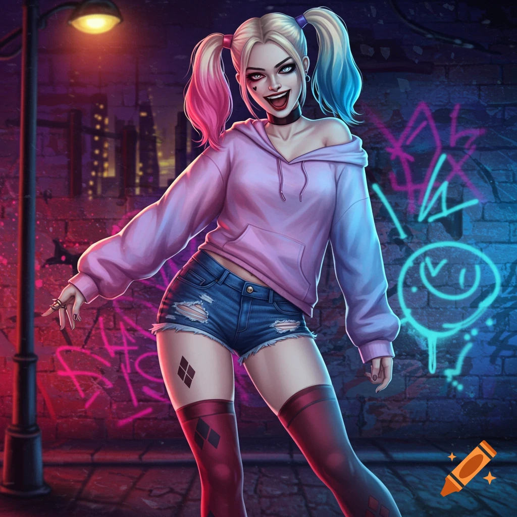 A stylized illustration of Harley Quinn in a pink off-shoulder hoodie, distressed denim shorts, red thigh-high socks, against a neon-lit graffiti wall in an urban setting.