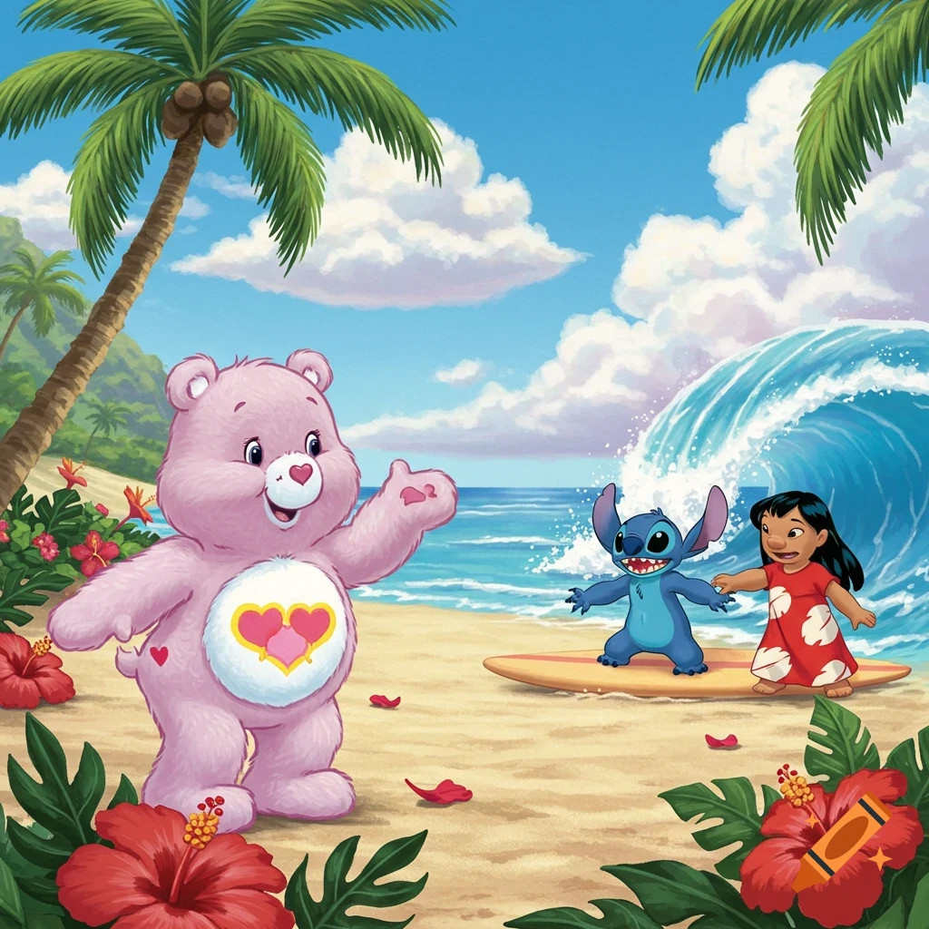 A pink Care Bear, Stitch, and Lilo on a tropical beach with palm trees and a large breaking wave, in a cartoon style.