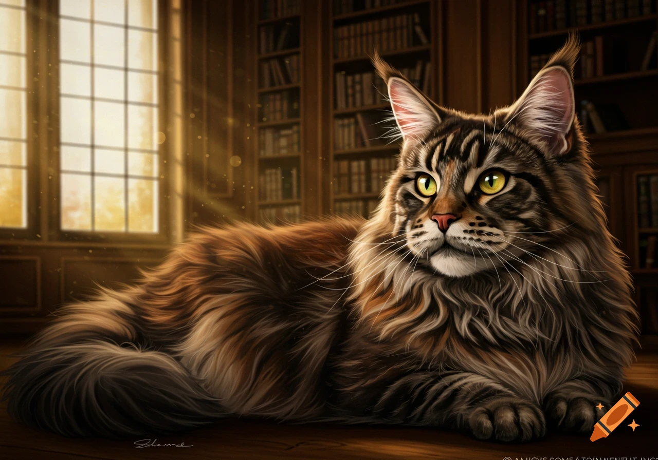 A fluffy Maine Coon cat with yellow eyes lies on a wooden floor in a sunlit library, looking right.