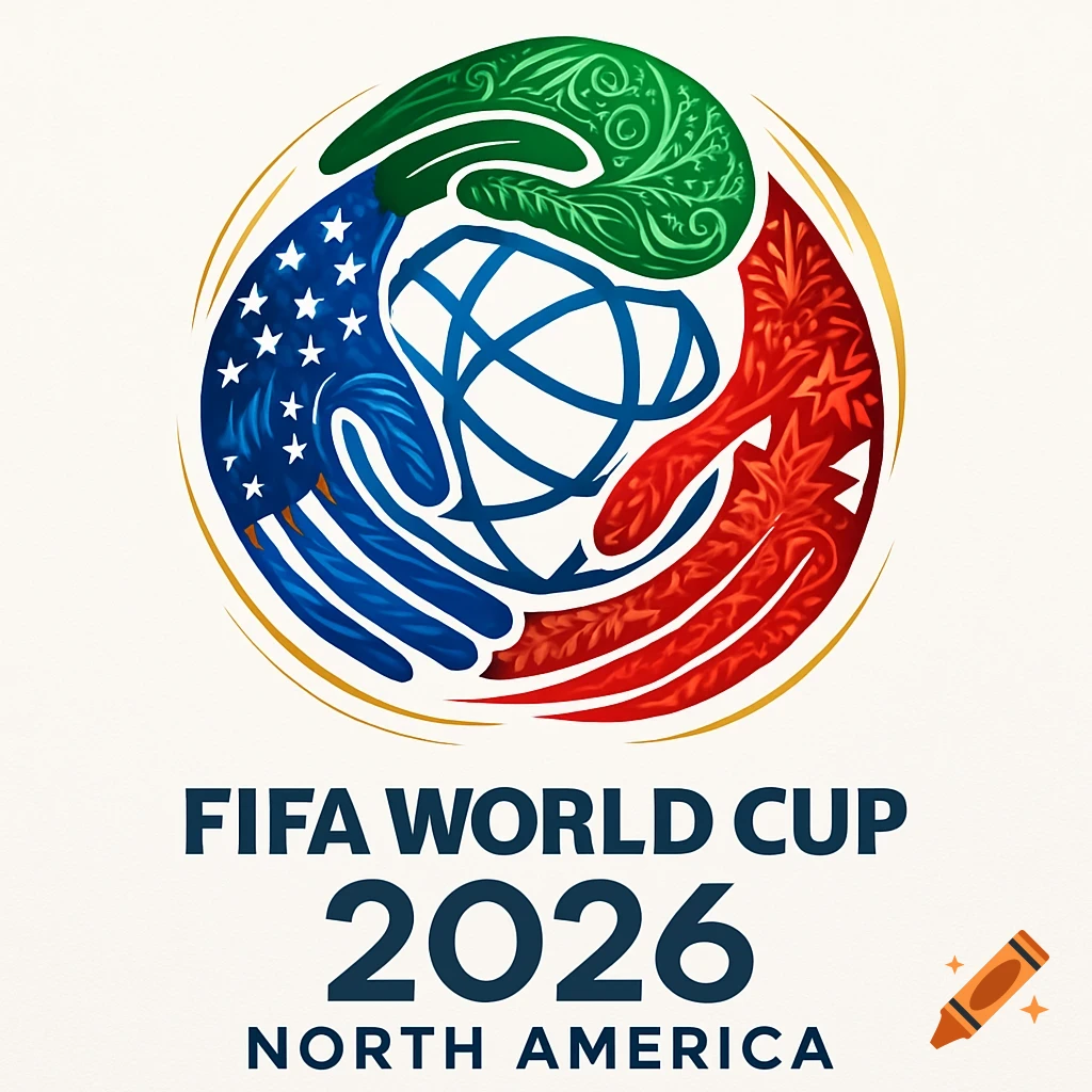 FIFA World Cup 2026 North America logo with three stylized hands (green, blue with stars, red with leaves) embracing a globe, against a white background.