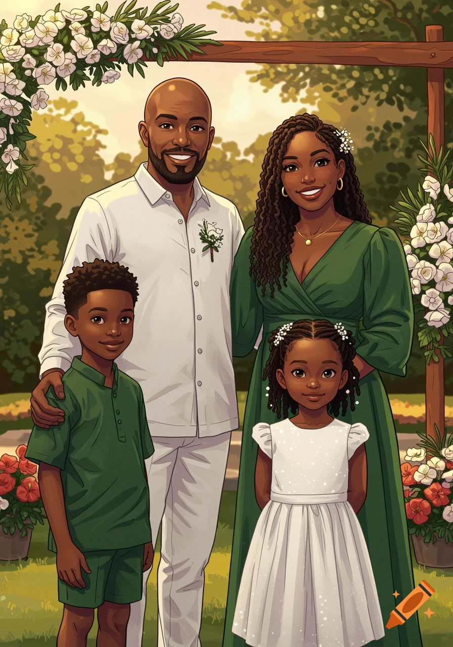 Cartoon illustration of a smiling Black family, parents and two children, dressed for a vow renewal in a garden with a floral arch.