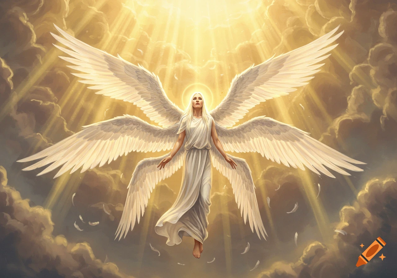 A radiant seraphim with six large white wings and a white robe floats in a golden, cloudy sky with rays of light.