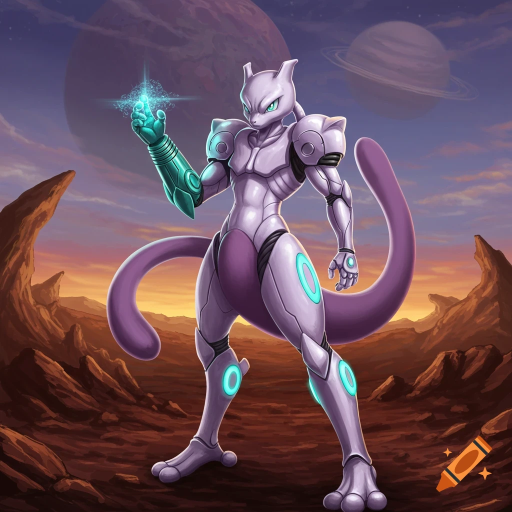 Mewtwo in a lavender and teal mecha suit stands on a red alien planet under a purple sky with ringed planets.