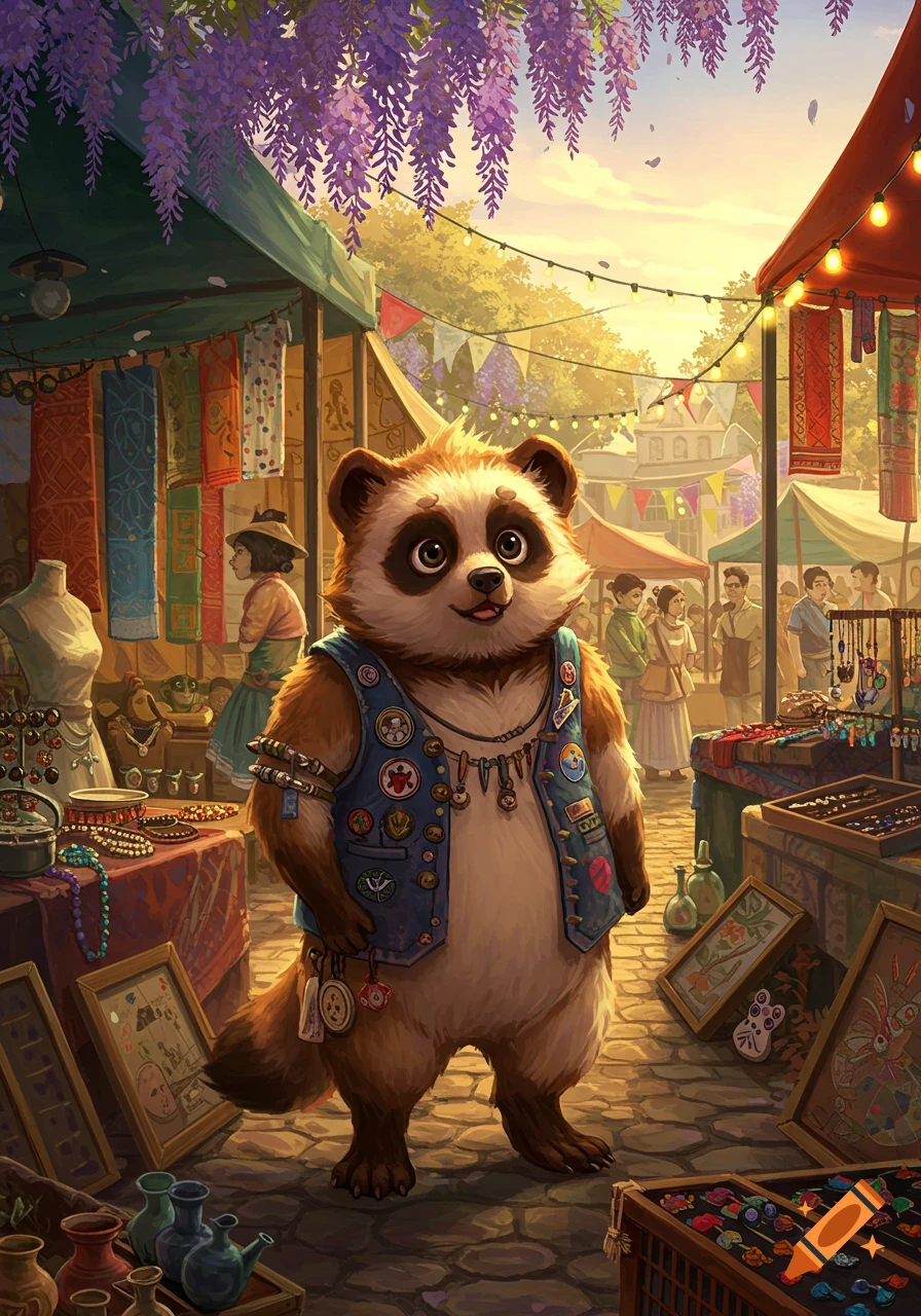 A smiling, anthropomorphic tanuki wearing a vest stands in a vibrant, open-air fantasy market with colorful stalls and wisteria.