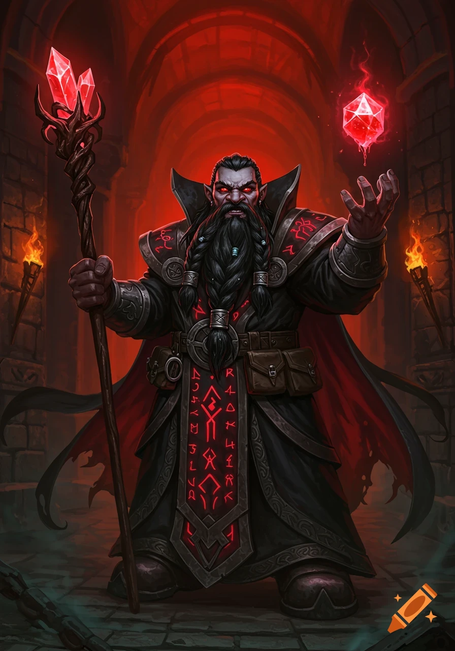 A dark-skinned dwarven vampire mage with a long black braided beard and glowing red eyes, dressed in black robes with red runic patterns, holds a staff topped with red crystals in one hand and conjures a floating red crystal in the other. He stands in a dimly lit dungeon with torches, under a red glow.