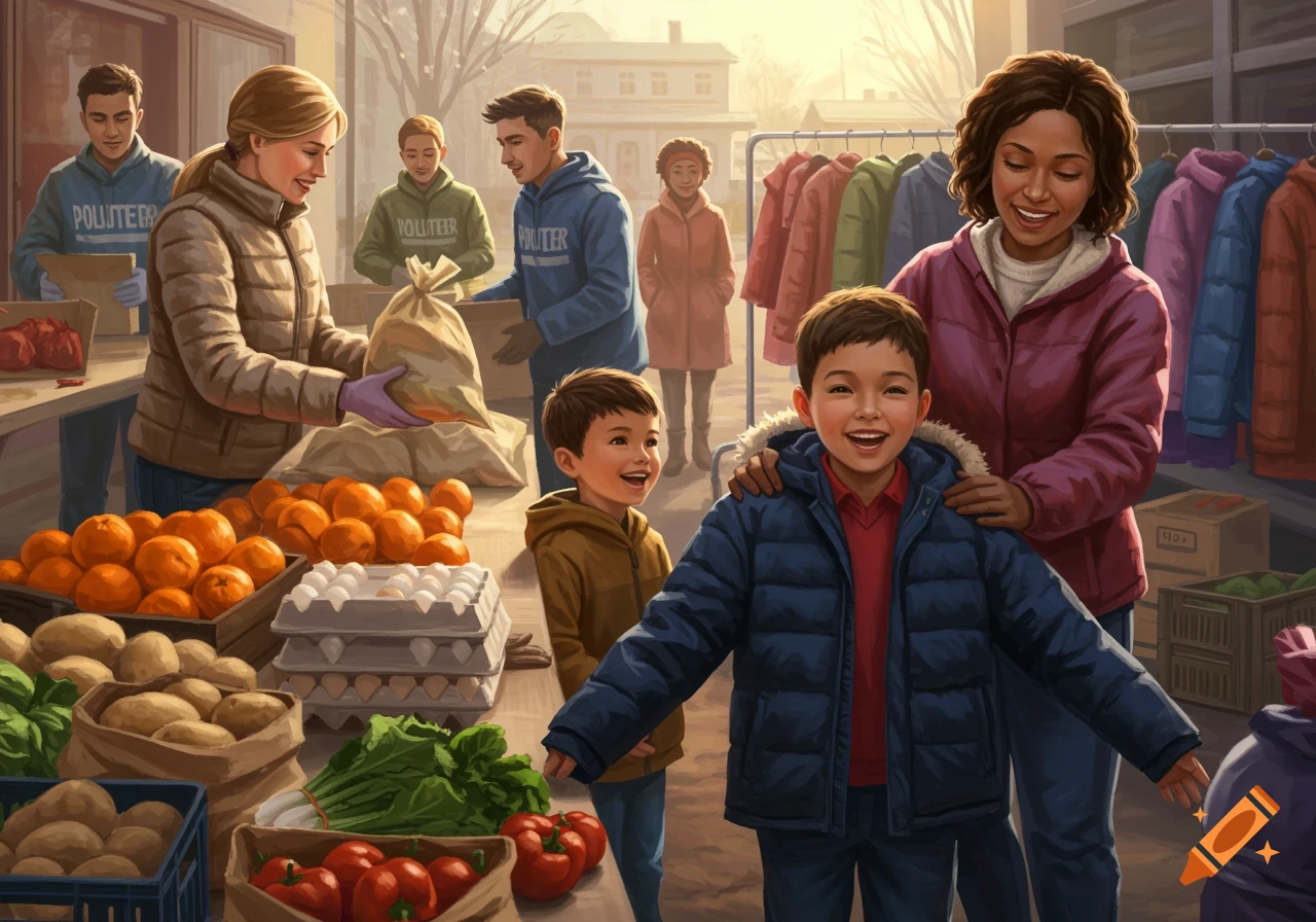 A vibrant illustration of a community service event where volunteers distribute food and warm coats to families outdoors.
