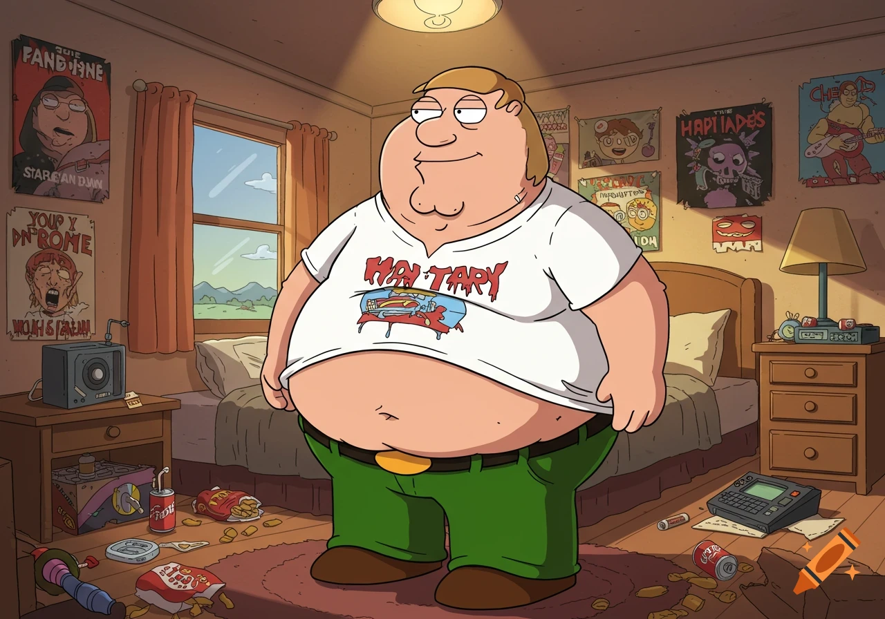 Cartoon Peter Griffin, overweight, stands in a messy bedroom, pulling up his white t-shirt to expose his belly. Animated style.