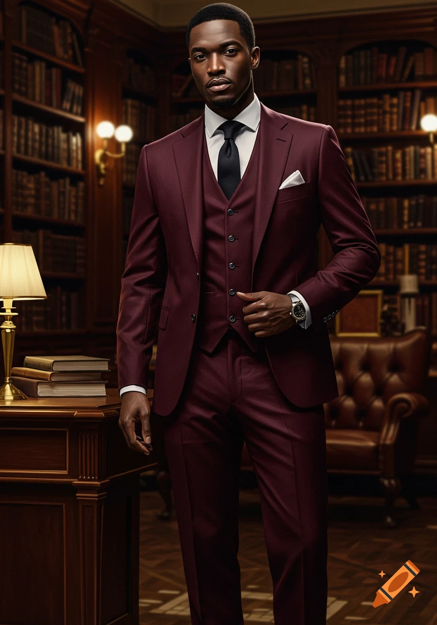 A distinguished man in a sharp burgundy suit, white shirt, and black tie stands in a classic wood-paneled library.