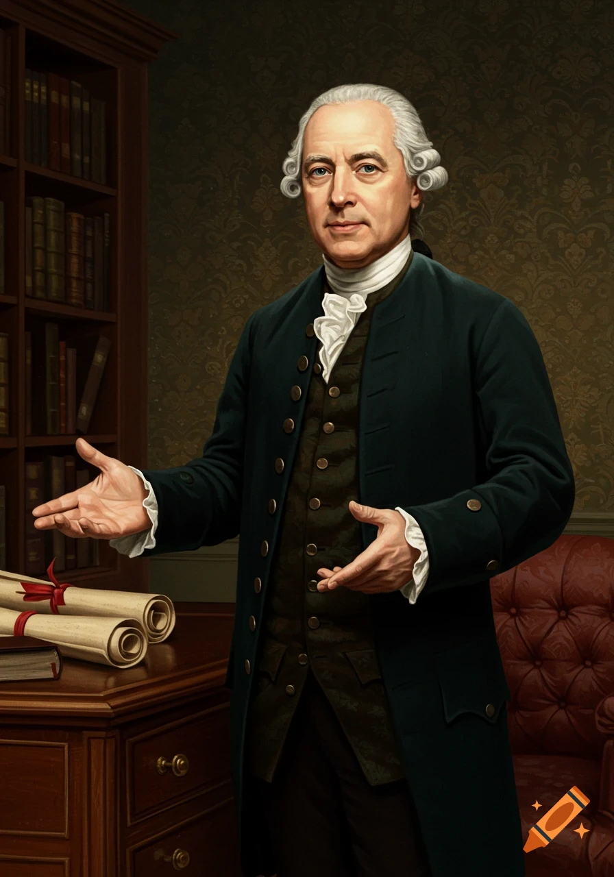 Portrait of a man in 18th-century attire with a white wig and ruffled cravat, gesturing in a study.